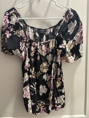 Eclipse Black Floral Scoop-Neck Puff Sleeve Blouse with Pink & Cream Accents